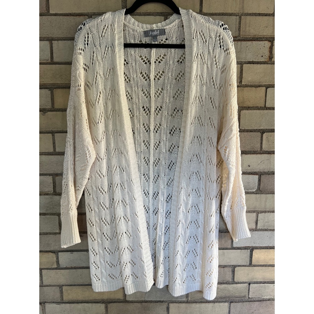 Marled Cream Pointelle Knit Open Front Cardigan Sweater Size Small